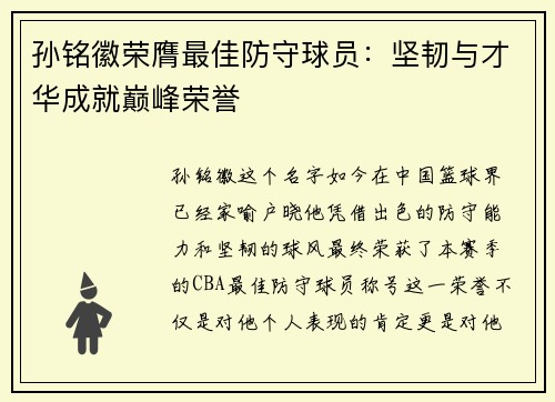 孙铭徽荣膺最佳防守球员：坚韧与才华成就巅峰荣誉