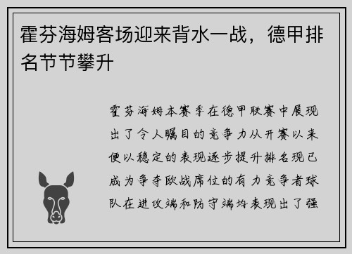 霍芬海姆客场迎来背水一战，德甲排名节节攀升